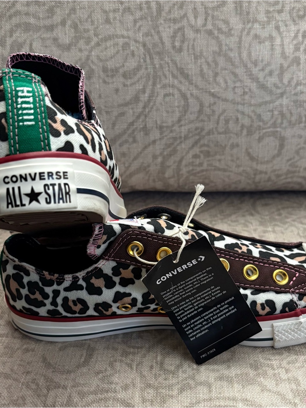 Converse Low Top Sneakers - Leopard Print with Burgundy Trim and Gold Eyelets - Picture 2 of 4